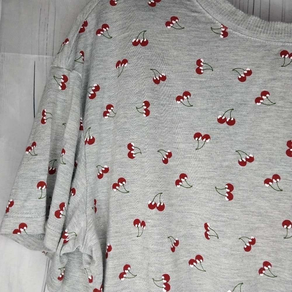 Belle Du Jour Gray Cherry Print Tie Front Casual Crew Neck Y2K Style Shirt - Picture 3 of 10